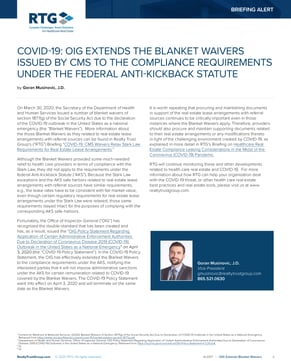 Alert - COVID-19 OIG Extends the Blanket Waivers Issued by CMS to the Compliance Requirements Under the Federal Anti-Kickback Statute-1